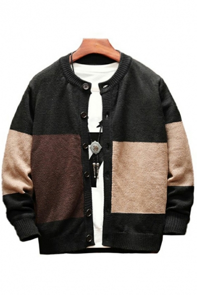 Fashion Mens Cardigan Color Panel Button Fly V-Neck Long-sleeved Baggy Cardigan