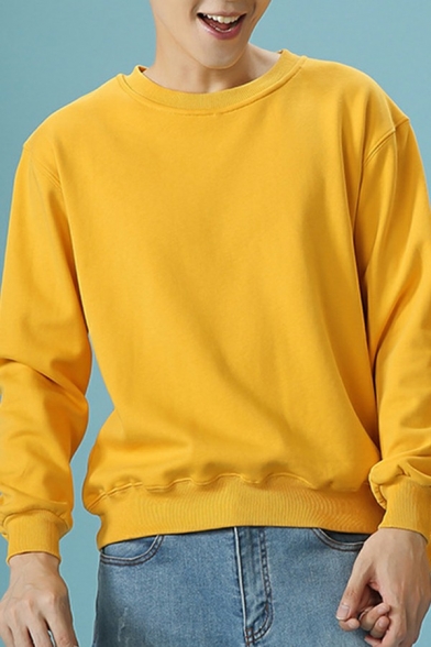 Fashionable  Mens Sweatshirts Solid Color Long Sleeve Round Neck Rib Cuffs Relaxed Fit  Sweatshirts