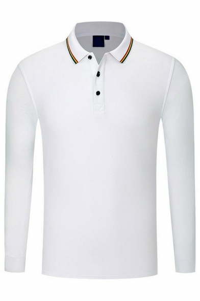 Guys Modern Polo Shirt Stripe Patterned Long Sleeve Button-up Fitted Polo Shirt