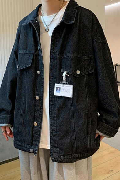 Guys Pop Denim Jacket Solid Button Fly Pocket Designed Long Sleeves Baggy Denim Jacket