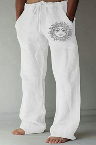 Guys Simple Pants Sun Print Drawcord Elastic Waist Full Length Baggy Pants
