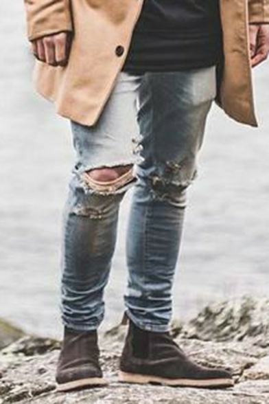 Guys Street Look Plain Men's Jeans Destroyed Design Zip Closure Full Length Slim Cut Jeans