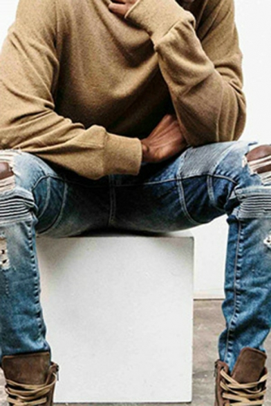 Guys Street Look Plain Men's Jeans Destroyed Design Zip Closure Full Length Slim Cut Jeans