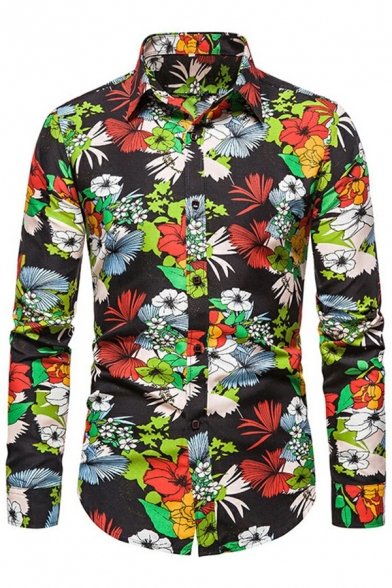 Leisure Mens Shirt Floral Patterned Turn-down Collar Button Placket Long Sleeve Regular Fit Shirt