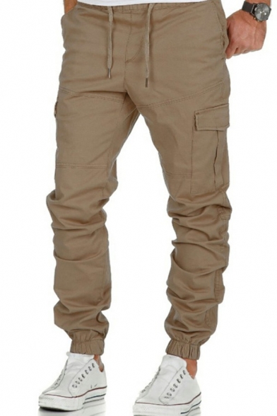 Leisure Pants Solid Color Pocket Drawstring Elastic Waist Ankle Length Slim Fit Pants for Men