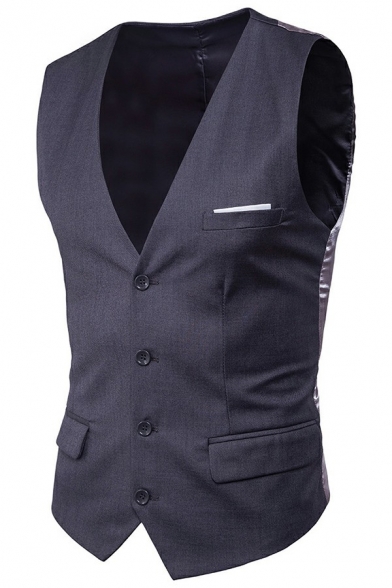 Leisure Suit Vest Pure Color Slim Fitted Sleeveless V Neck Single Breasted Waistcoat for Men