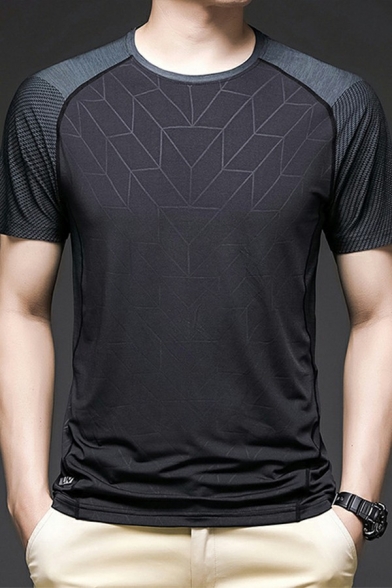 Men Casual Tee Top Geometric Pattern Crew Neck Long-Sleeved Regular Fit T-Shirt