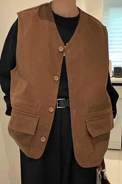 Men's Dashing Vest Plain Color V-Neck Button Closure Flap Pockets Regular Fit Vest