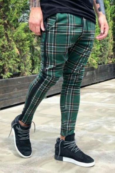 Men's Freestyle Pants Plaid Patterned Drawcord Waist Mid Rise Skinny Full Length Pants