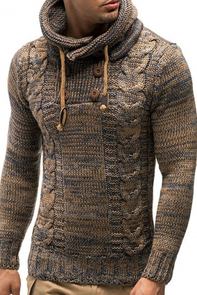Men's Leisure Sweater Solid Color Long-Sleeved High Collar Drawcord Rib Cuffs Relaxed Fit Sweater