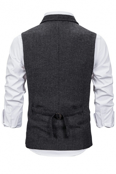 Men's Stylish Suit Vest Herringbone Pattern Sleeveless Lapel Collar Front Pocket Slim Fitted Suit Vest