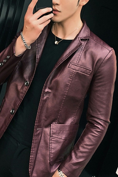 Modern Guys Leather Jacket Whole Colored Double Button Pocket Long-sleeved Slim Fit Leather Jacket