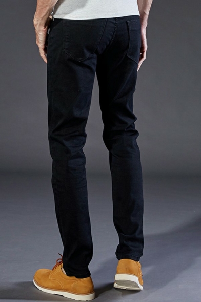 Retro Mens Jeans Pure Color Dark Washed Pocket Long Length Slimming Button Up Jeans
