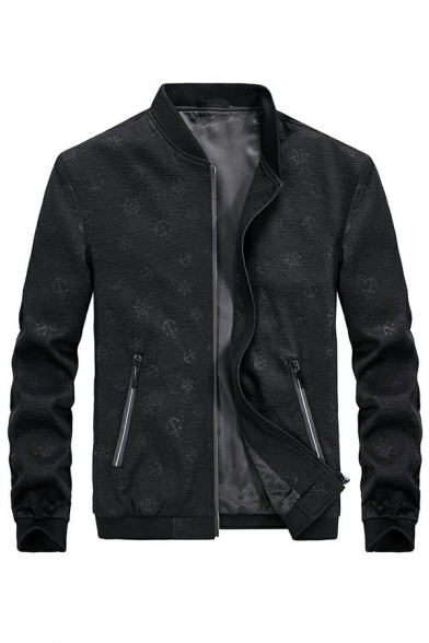 Simple Guys Jacket All over Pattern Stand Collar Zip Closure Stand Collar Long Sleeves Regular Fit Varsity Jacket