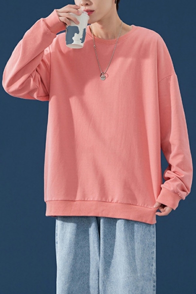 Simple Men's Sweatshirt Solid Color Crew Color Long Sleeves Regular Fit Sweatshirt