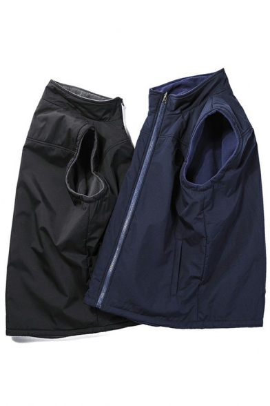 Sporty Mens Vest Plain Fleece Lined Sleeveless Stand Collar Regular Fitted Zip Placket Vest