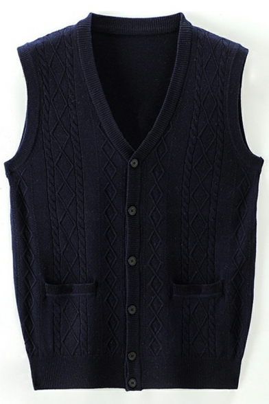 Street Look  Mens Sweater Vest Pure Color V-Neck Sleeveless Button Closure Slim Fitted Knitted Vest