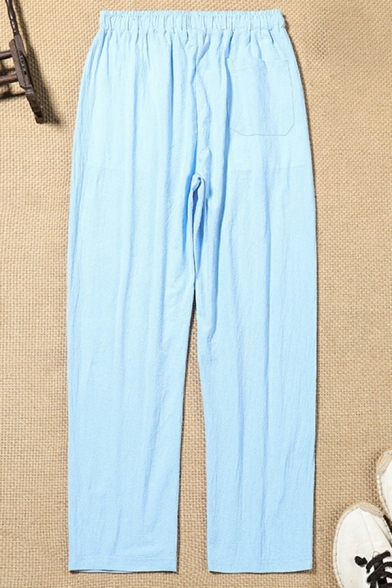 Stylish Pants Plain Drawstring Elastic Waist Mid Rise Straight Full Length Pants for Guys