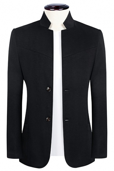 Trendy Men Suit Pure Color Long Sleeve Stand Collar Slim Fitted Double Buttons Blazer