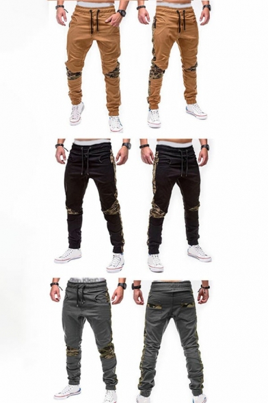 Trendy Mens Drawstring Pants Color Block Camo Panel Elastic Waist Pocket Detail Slim Fit Pants