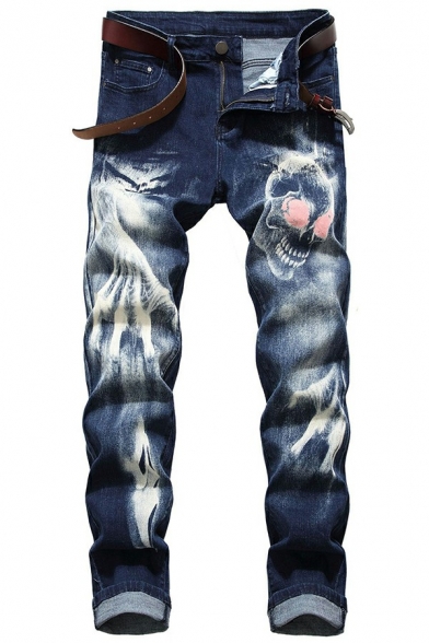 Trendy Mens Jeans Graphic Print Mid Waist Zipper Down Full Length Slim Fit Jeans