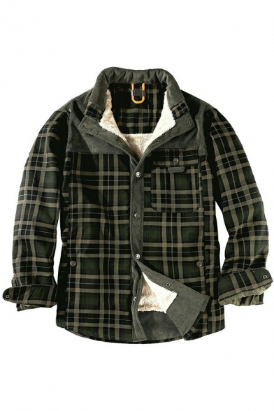 Urban Coat Tartan Print Pocket Detailed Long Sleeves Stand Collar Loose Fit Button Up Coat for Men