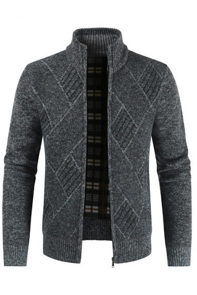 Urban Mens Knit Cardigan Plaid Printed Stand Collar Long Sleeve Zip Closure Slim Fit Cardigan