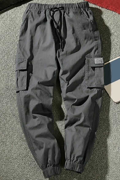 Vintage Guy's Tapered Pants Plain Flap Pocket Mid Rise Elasticated Waist Loose Cargo Pants