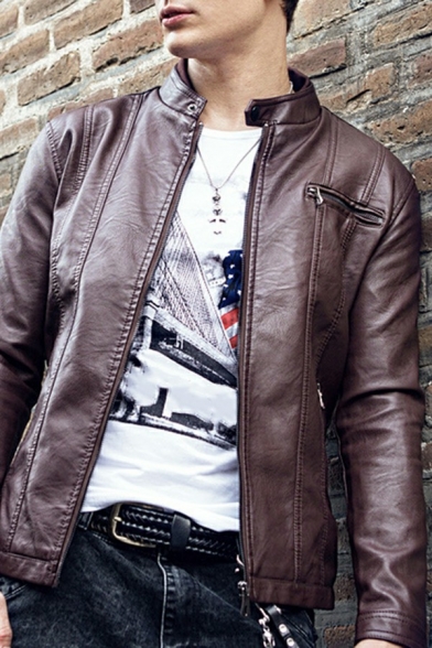Cool Guys Jacket Pure Color Stand Collar Zip Detail Pocket Decorate Long-sleeved Fit PU Jacket