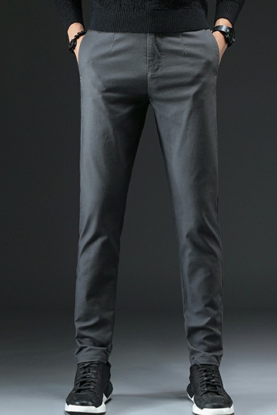 Creative Mens Pants Solid Color Zip Up Pocket Decorated Straight Fitted Pants