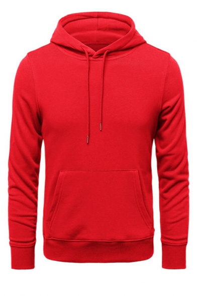 Dashing Mens Drawstring Hoodie Solid Color Long Sleeve Rib Cuffs Regular Fitted Hoodie with Pocket