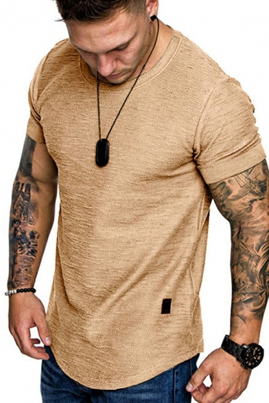 Edgy Men's T-Shirt Pure Color Round Hem Crew Neck Short Sleeves Slim Fitted T-Shirt