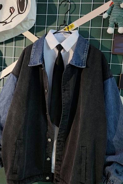 Fancy Denim Jacket Contrast Color Button Up Raglan Long Sleeve Baggy Denim Jacket for Men