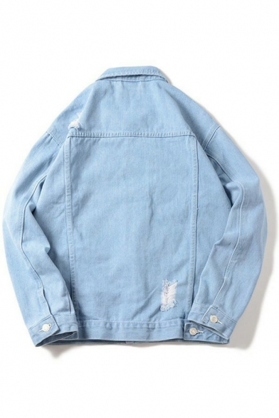 Fashionable Jacket Whole Colored Breast Pocket Distressed Fitted Denim Jacket for Men
