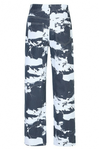 Fashionable Tie-Dyed Jeans Zip Closure Mid Rise Full Length Straight Leg Jeans for Men