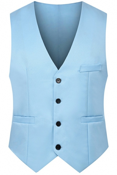 Freestyle Suit Vest Pure Color V Neck Sleeveless Relaxed Fitted Single Breasted Suit Waistcoat for Guys
