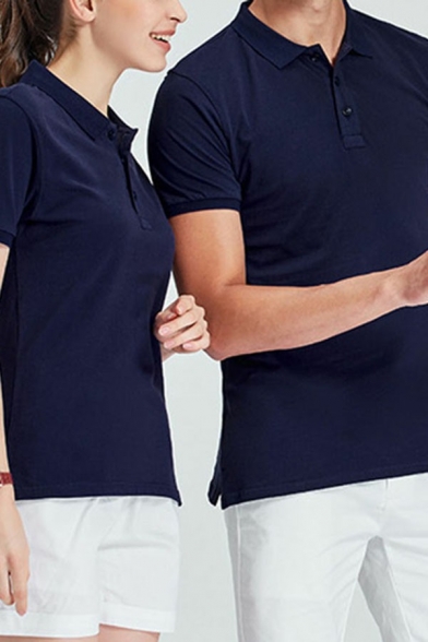 Guy's Chic Polo Shirt Whole Colored Button-up Lapel Collar Short Sleeved Relaxed Polo Shirt