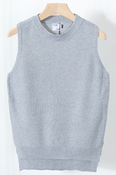 Guy's Unique Vest Solid Color Round Neck Sleeveless Loose Fitted Knitted Vest