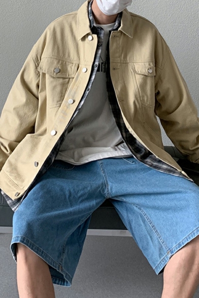 Guys Baggy Denim Jacket Plain Single Breasted Turn-down Collar Long Sleeves Denim Jacket