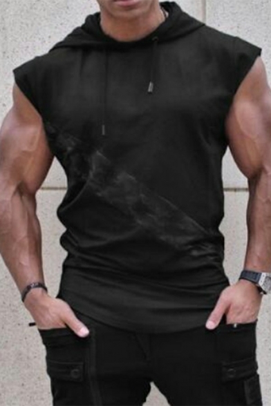 Guys Novelty Tee Top Drawstring Curved Hem Detailed Short Sleeves Slimming Hooded T-Shirt in Black