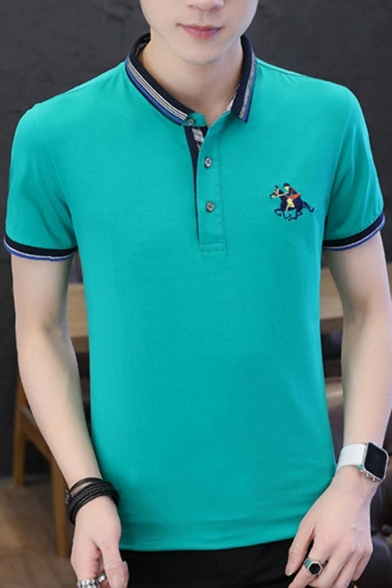 Leisure Tee Shirt Embroidered Logo Print Contrast Trim Short Sleeve Lapel Collar Slim Tee Top for Men