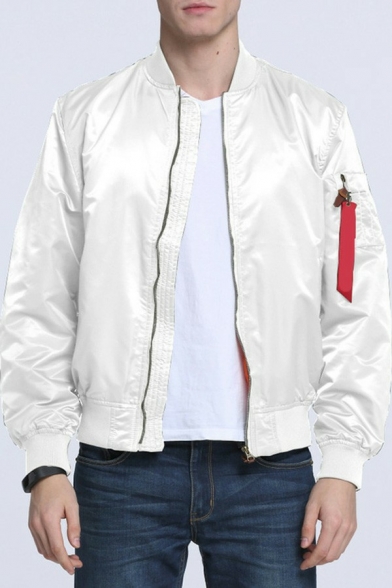 Men Edgy Bomber Jacket Pure Color Stand Collar Zip Pocket Long Sleeves Regular Zipper Baseball Jacket