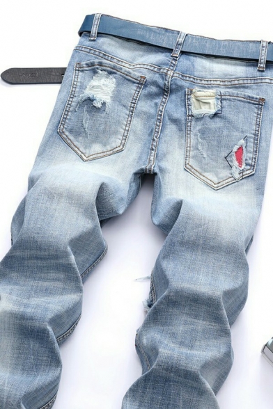 Men Retro Denim Pants Plain Zip Closure Distressed Pocket Detailed Loose Fit Denim Pants