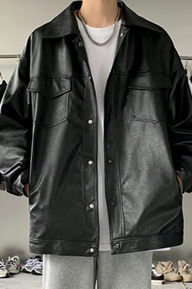 Men's Classic Leather Jacket Pure Color Long-sleeved Button-up Loose Leather Jacket