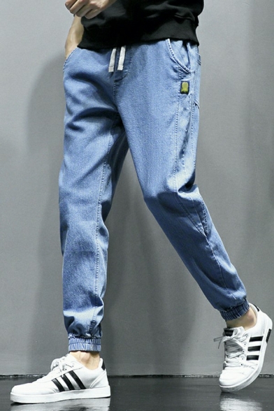 Men Simple Denim Pants Solid Color Front Pocket Regular Fit Denim Pants