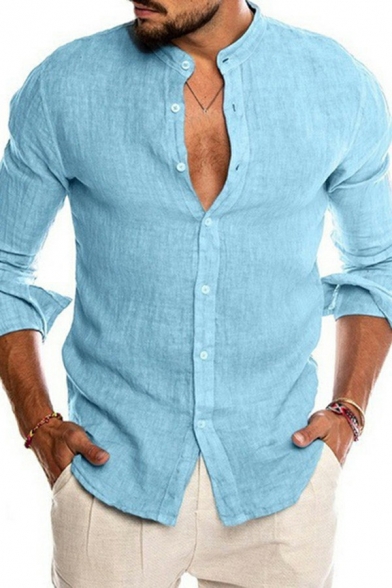 Mens Cool Shirt Solid Color Stand Collar Regular Fit Long Sleeve Button Placket Shirt