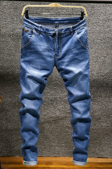 Mens Elegant Solid Color Jeans Zip Closure Multi-Pockets Rolled Cuffs Straight Leg Jeans