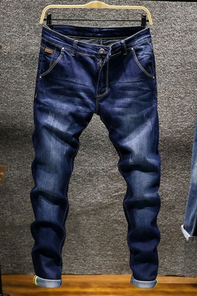 Mens Elegant Solid Color Jeans Zip Closure Multi-Pockets Rolled Cuffs Straight Leg Jeans