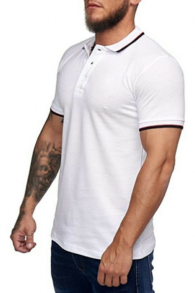 Mens Vintage Polo Shirt Whole Colored Contrast Trim Lapel Collar Short Sleeve Slim Fit Polo Shirt