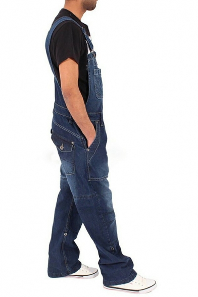 Popular Mens Denim Overall Solid Color Front Pocket Sleeveless Full Length Loose Fit Overall